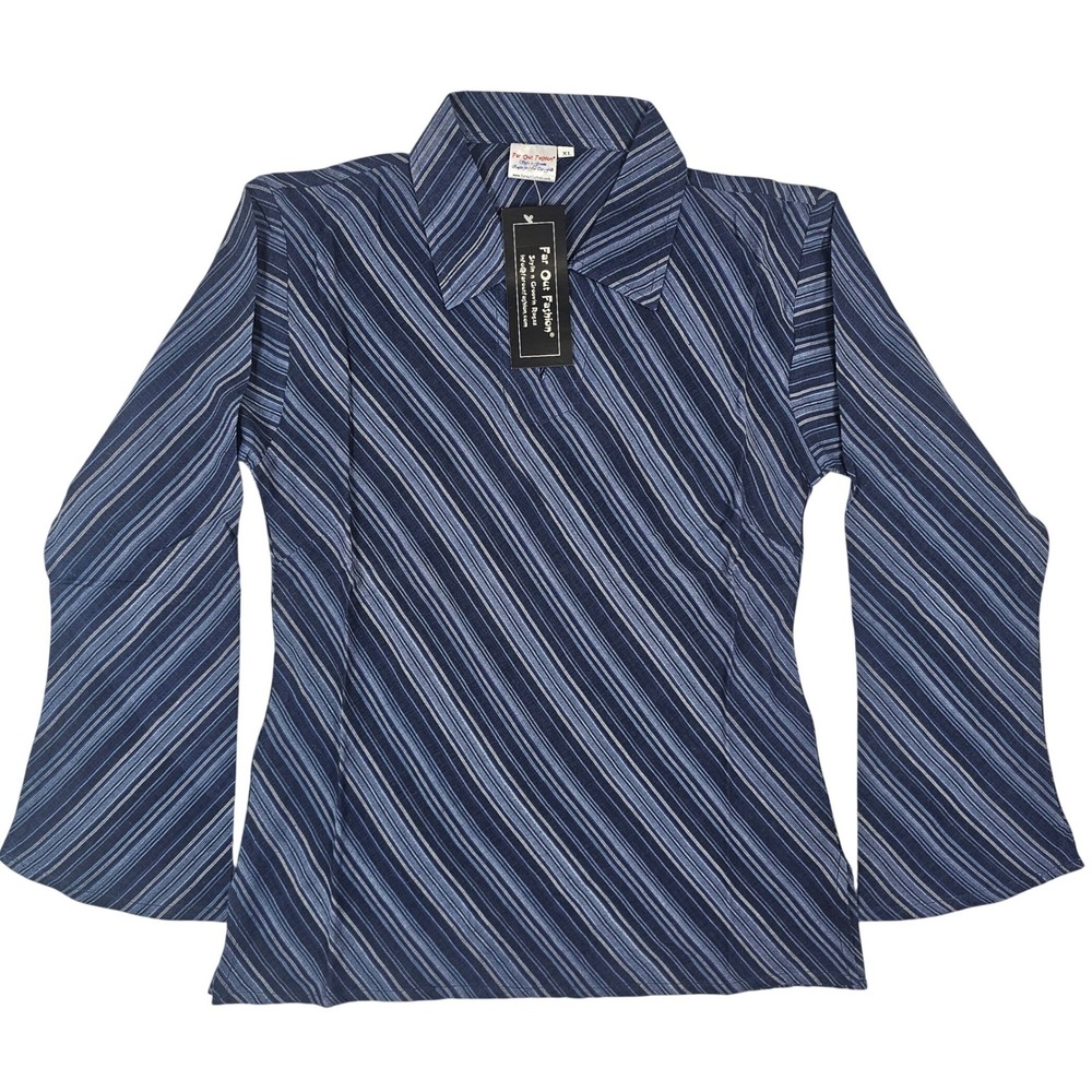 Far Out Fashion Blue Diagonal‎ Stripe Bell Sleeve V-Neck Top Large NWT